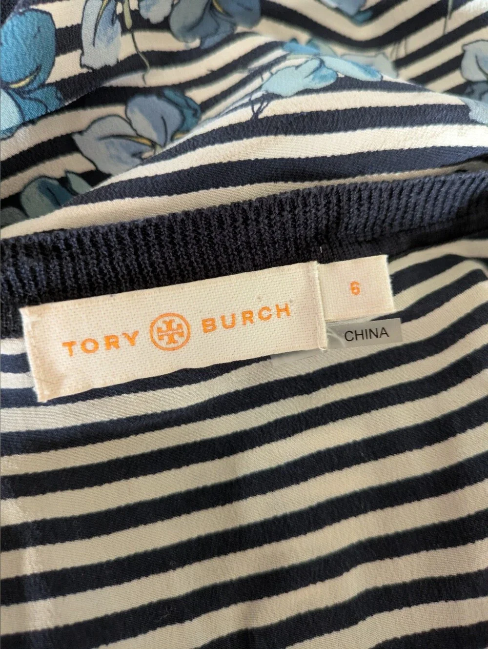 Tory Burch Sleeveless Blue & White Striped Floral 100% Silk High Low Top